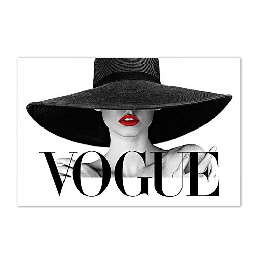 Mode Femmes Murale Art Affiche Chapeau Noir Sexy LèVre Rouge Toile Tableau Peinture Moderne Vogue Noir Blanc Tableaux Salon Fille Salon Decoration 40x60 Cm Pas De Cadre Cover