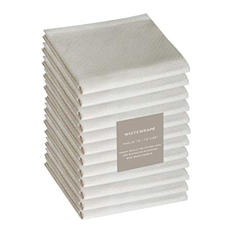 WHITEWRAP Kitchen Towels | 100% Cotton | Dish Towels for Kitchen | 15"x25" Rice Weave Cream 12-Pack | Hand Towels, Tea Towels, Dish Cloths| Super Absorbent | Reusable Cleaning Cloths Cover
