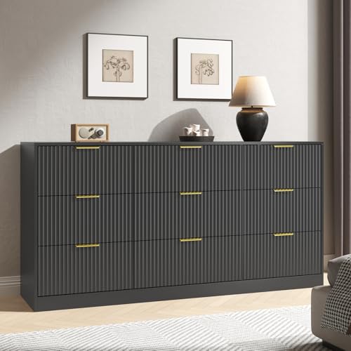 Image of Dresser for Bedroom with 9 Drawer, 63 inch Long Black Dresser Modern Chest of Drawers with Metal Handle, Wood TV Stand Storage Organizer for Bedroom, Living Room, Black