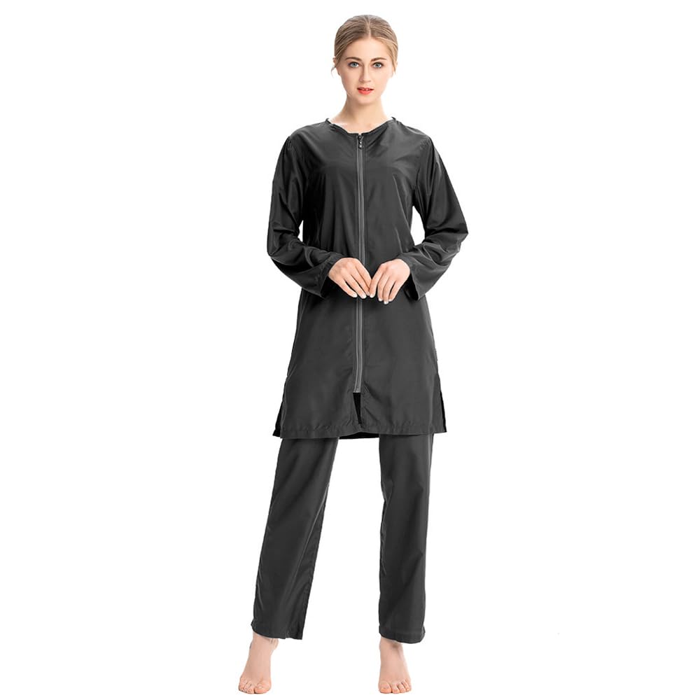 Muslim Womens Long Sleeve Swimsuits Plus Size Solid Color Muslim Full Cover Burkini Set, Black, X-Large-image-28