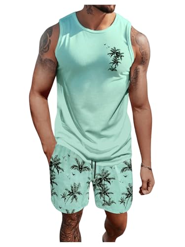 SOLY HUX Men's Short Sets 2 Piece Outfits Summer Tropical Print Tank Tops and Drawstring Shorts Sets