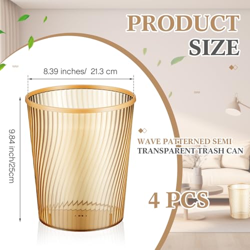 Image of Honeydak 4 Pack Gold Trash Can 3 Gallon Plastic Wastebasket Garbage Bin Round Translucent Lightly Threaded Large Capacity Modern 8.39 x 9.84 Inch for Bathroom Bedroom Kitchen Dorms Office Decorative