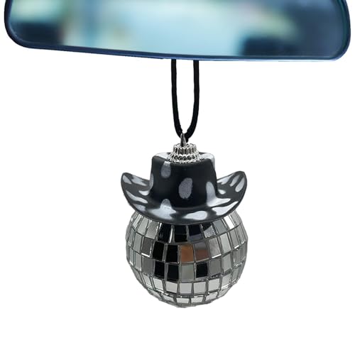 Ornement De Voiture De Boule Disco De Miroir, Charme De Voiture De Chapeau De Cowboy, Pendentif Décoratif De Miroir De Voiture De Fête Disco Argentée, Ornement De Boule De Scintillant, Charme