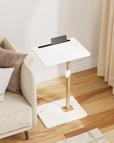 HEYZOEY Beistelltisch, C-Form Höhenverstellbar Sofatisch, 360°Rotierend Couchtisch Klein,40x30x(45-81) cm,Holz Kaffeetisch Laptoptisch für Schlafzimmer, Wohnzimmer, Büro(Weiß Gold)