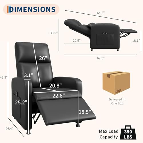 Image of Power Recliner Chair, Adjustable Electric Recliner Chair with Tall Back & Overstuffed Padding, PU Leather Single Sofa with 2 Side Pockets & USB Port, Home Theater Seating for Living Room, Black