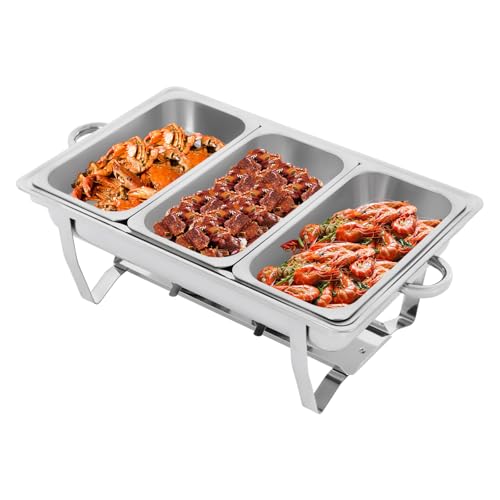 cunnyend Lot De 3 Chafing Dish Buffet 7,5l, Buffet Chauffant Chauffe Plat en Acier INOX Alimentaire avec Cadre Pliable Et Couvercle, Buffets Chauffants pour Banquets FêTes Mariage Restaurants