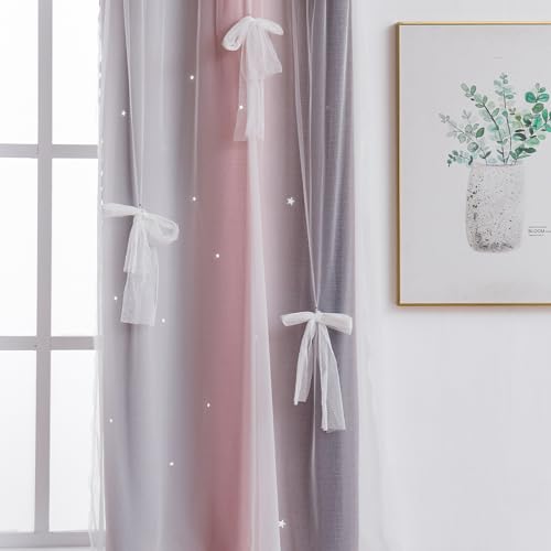 Image of Yancorp Curtains for Girls Bedroom Kids Curtain Hollow-Out Star Window Nursery Curtain 63 inches Length Room Darkening Grommet 2 Layers (Pink Grey, W34 X L42)