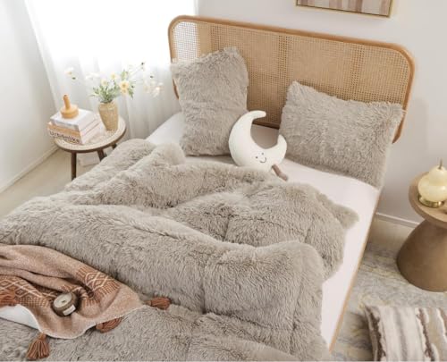 Smoofy Fluffy Queen Comforter Set, Faux Fur Fuzzy Plush Comforter, Soft Comforter Set Queen Size, Shaggy Bedding Set, 3 Pieces, 1 Comforter (90"x90") & 2 Pillow Cases (20"x26"), Oatmeal