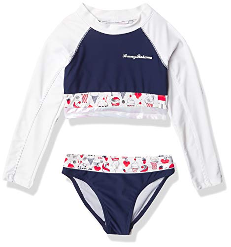 Tommy Bahama Girls' Long Sleeve 2-Piece Rashguard Swimsuit Bathing Suit, White Treats Pearlized, 5