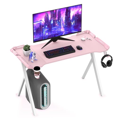 XMTECH Mesa de gaming rosa con RGB LED y tablero de carbono, 120 cm, mesa de ordenador, patas en forma de Y, ergonómica, soporte para vasos, gancho para auriculares, para juegos, oficina en casa y