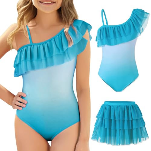 Mikrdoo Girls One Shoulder Ruffle Bathing Suit Beach Outfits One Piece Swimsuit with Skirt