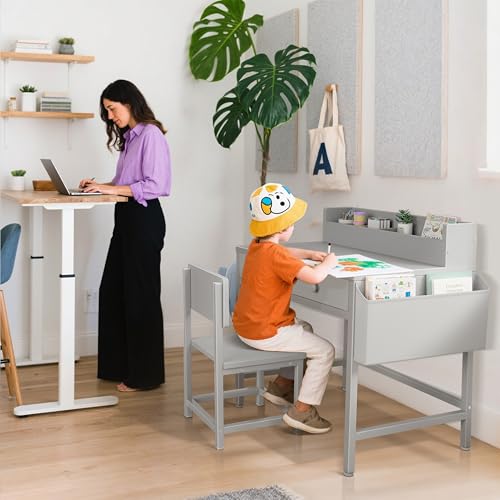 BOLUO Gray Kids Desk and Chair Set for 5-8 Year Old, Small Child Desk with Fabric Drawer, Children Study Table with Storage Toddler Girls Boys by BOLUO - Image 7