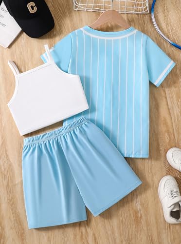 Image of Hilinker Girls Graphic 3 Piece Outfits Short Sleeve Striped Cardigan and Crop Cami with Shorts Set