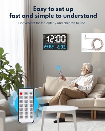 Image of 15-Inch Digital Wall Clock with Large LED Display - Remote Control, Auto-Dimming, Night Light, Date, Day, Temperature, DST Function - Ideal for Living Room, Bedroom (Square Blue)