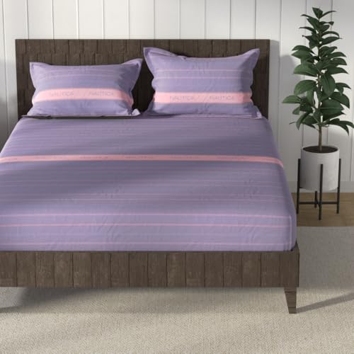 Image of NAUTICA Cotton King Bedsheet with 2 Pillow Covers -3pc Set (noridge) | 160TC | Super Soft Touch Stripe-Purple /Pink