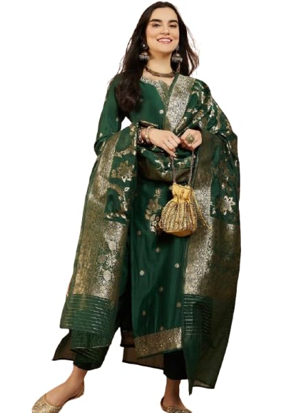 prehomshine Green Banarasi Silk Kurta with Zari Woven Dupatta, Ethnic Salwar Suit Set for Women-picture-27