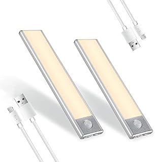 CANMEIJIA 2Pack Motion Sensor Lights Indoor, Under Cabinet Kitchen Lights USB Rechargeable, 24cm 40 LED 3000K Warm Light Wardrobe Lights Motion Sensor, for Cupboard, Closet, Stairs, Hallway, Bedroom
