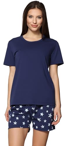 Merry Style Damen Schlafanzug Zweiteiler Pyjama Kurz aus Baumwolle Pyjama Set MS10-177 (Marineblau Sterne/Blau, XS)