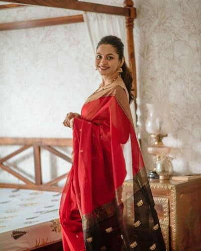 Flosive Women's Woven Cotton Silk Saree With Unstitched Blouse Piece (Red)