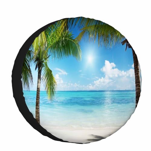 Image of Palms and Beach Spare Tire Cover Tropical Landscape Caribbean Wheel Covers for RV Tires Camper Tire Case Protectors for Trailer Rv SUV Truck Travel Trailer 17 in
