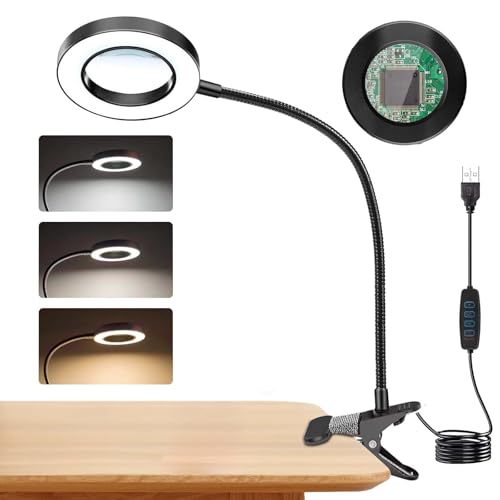 Yuragim 5 X lente d'ingrandimento con luce e supporto, lampada con lente di ingrandimento a LED con 3 modalità di colore, dimmerabile, lente d'ingrandimento laterale per leggere, lampada da scrivania