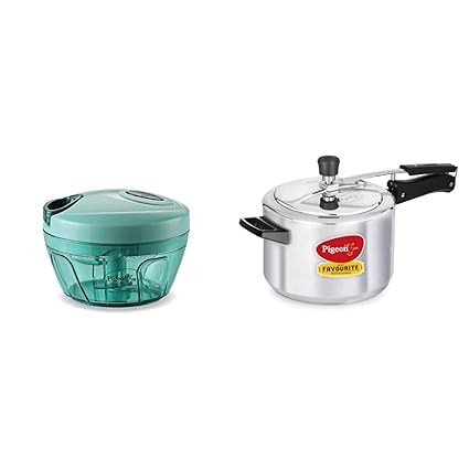 Pigeon by Stovekraft New Handy Mini Plastic Chopper with 3 Blades, Green & Favourite Aluminium Pressure Cooker with Inner Lid, 5 litres, Silver Combo