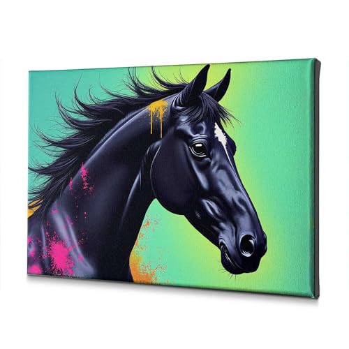 Tableau cheval noir aux couleurs vives toile pour décoration intérieure 20x30