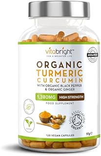 Organic Turmeric Curcumin - High Strength - 1380mg Per Serving - with Organic Black Pepper & Organic Ginger - Soil Association Certified Organic - 120 Vegan Capsules - Made in UK by VitaBright