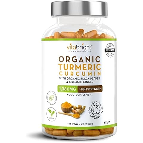 Organic Turmeric Curcumin - High Strength - 1380mg Per Serving - with Organic Black Pepper & Organic Ginger - Soil Association Certified Organic - 120 Vegan Capsules - Made in UK by VitaBright Cover