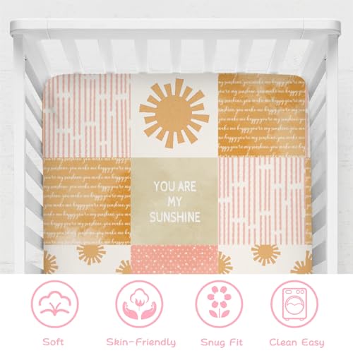 Image of Colorful Boho Sun Baby Crib Sheet 52''x28'' Cute Sunshine Stripes Stretchy Fitted Mattress Sheets for Boy Girl Letters Quote Nursery Toddler Bed Sheets for Standard and Toddler Mattress
