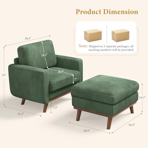 Image of Vesgantti 38.5 inch Accent Chair with Movable Ottoman, Comfy Corduroy Armchair with Spring Cushion, Reading Chair with Ottoman, Modern Single Sofa for Living Room, Bedroom and Apartment, Green