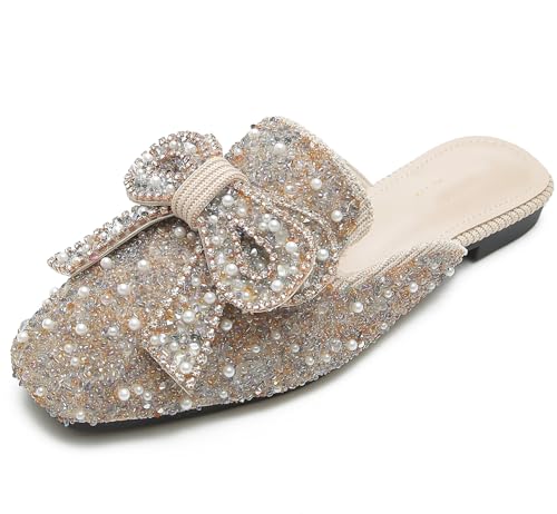 Image of SAFECAMS Women's Rhinestone Bow Flat Mules Comfortable Square Toe Slip on Penny Loafers Ladies Baotou Clogs Half Slides Mules