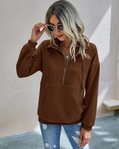 Image of PRETTYGARDEN Women's Casual Long Sleeve Zipper Sweatshirt Drawstring Loose Quarter Zip Pullover Tops with Pockets