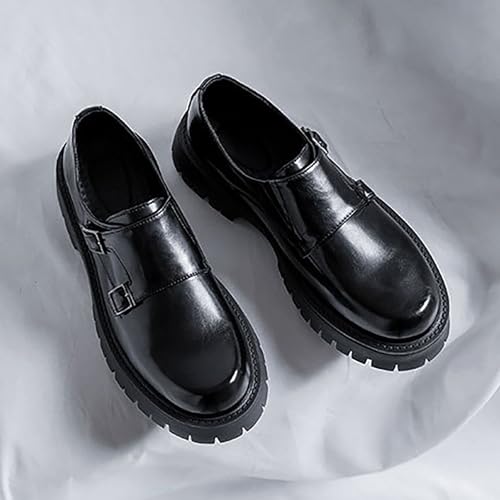 Men's Black Leather Platform Oxfords - Low Top Slip On Double Monk Strap Dress Shoes - Comfort Non-Slip, for Business Party Daily Wear2