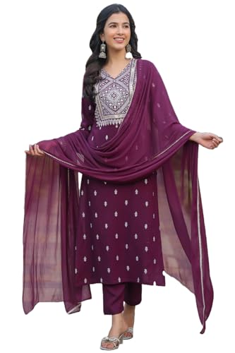 Kurta en mélange de coton femme ensemble pantalon dupatta vêtement indien bordeaux taille S