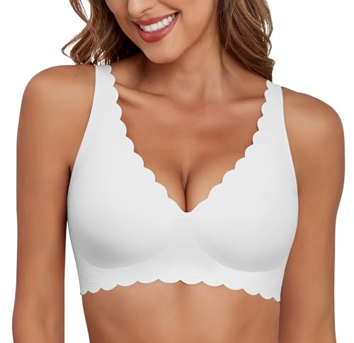Image of Xcutting Deep V Bras Wireless Bra No Underwire Supportive Scalloped Seamless Bralettes Petal Wavy Women Jelly Bras for Women