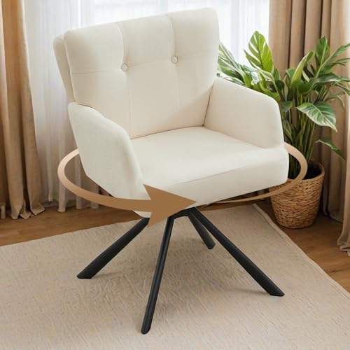 WUTUTUEE Fabric Dining Chair Modern Upholstered Swivel Dining Room Chairs Comfy Accent Armchair with Mid Back, Desk Arm Chair No Wheels for Kitchen/Living Room/Home Office, White