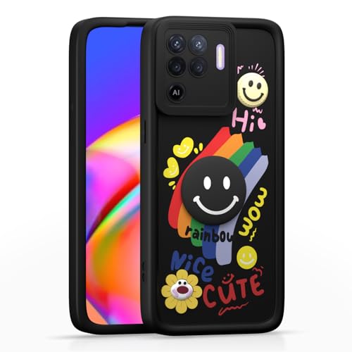 Image of Pikkme Back Cover for Oppo F19 Pro | Soft Silicone| Cute Rainbow Smile & 3D Cartoon Flower Design | Shockproof Raised Camera Protection Bumper Case (Black)