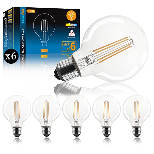 Leselux Ampoule LED E27 Vintage Grosse, G80 7W 2400K Blanc Chaud Ampoule E27 Vintage Globe, Equivalent 60W Ampoule, Ampoule Filament Edison pour Bars, Restaurant, Café, Showrooms,806LM,Lot de 6,CRI 80 Cover