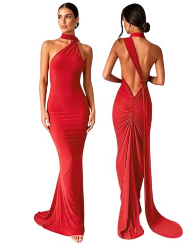 Image of Suillty Women's Sexy Oblique Shoulder Backless Maxi Dress Ruched Back Strap Sleeveless Party Club Long Dresses Bodycon