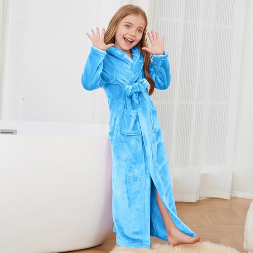Image of Jxstar Girls Bathrobes Kids Long Hooded Robes Plush Full Length Coral Fleece Pajamas Sleepwear