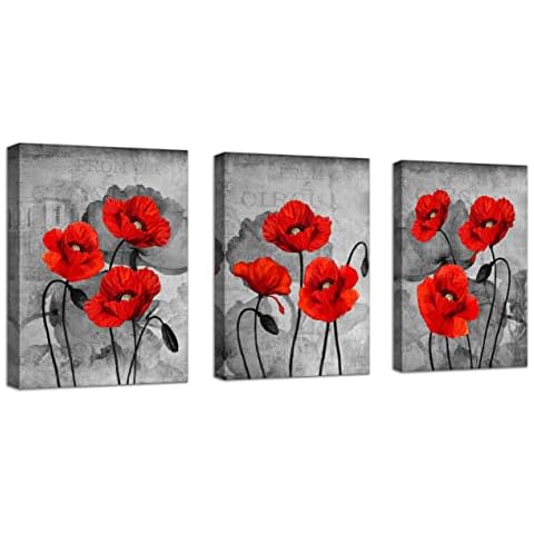 USIXA Poppy Flower Pictures for Bedroom Bathroom Wall Decor Black White and Red Canvas Wall Art with Frame Ready to Hang Set of 3 Panels 12×16Inch Cover