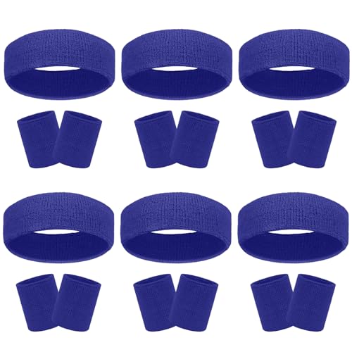 18 Pcs Sweatbands Headband Wristband Set Colorful Striped Terry Cloth Sports Athletic Gym 80s Sweat Headbands Wrist Bands (Dark Blue) One Size