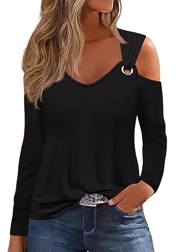 AIMITAG Cold Shoulder Blouse Womens Hollow Out Eyelet V Neck Long Sleeve Shirts Solid Color Cut Out Tunic Tops