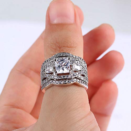 Double Fair Women's 18K White Gold Plated Cubic Zirconia Wedding Ring 3 Piece Sets Engagement Bridal Band4