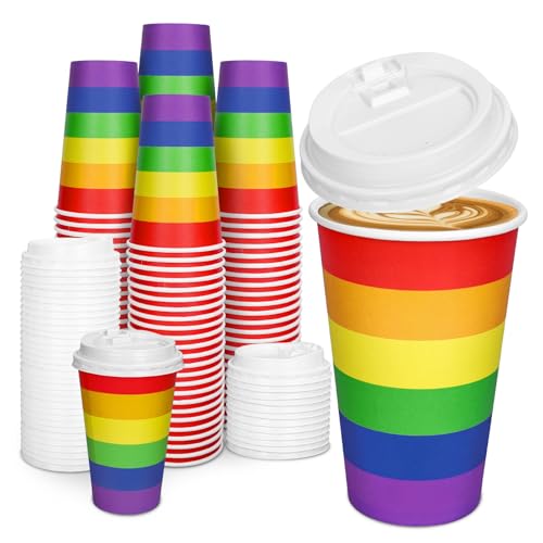 JarThenaAMCS 50Pcs Gay Pride Day Rainbow Disposable Coffee Cups with Lids 16Oz LGBT Colorful Insulated Paper To Go Cups for Hot Cold Beverage Drinks Celebration Party Decor
