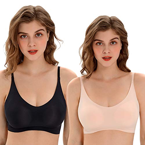 PRETTYWELL Comfortable Bras, Seamless Wire Free Everyday Bras for A to D Cups, V Neck Soft and Light Basic Bras for Women (Black+Nude, L)