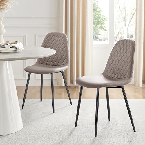Furniturebox UK Corona Dining Chairs Set of 2 Contemporary & Luxurious Diamond Stitched Dining Seats - Soft & Comfortable - Cappuccino Grey Faux Leather & Powder Coated Black Metal Legs (Set of 2)