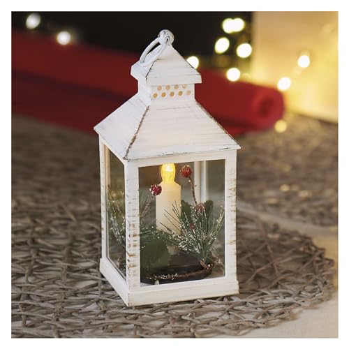 EMOS Farol LED antiguo con decoración, estilo retro, vela LED con efecto llama, IP20, funciona con pilas (3 x AAA), 10.000 horas, blanco cálido, 10,5 x 23 cm, color blanco