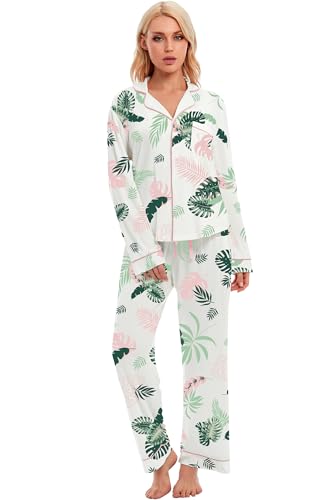 Image of LUBOT 100% Cotton Pajamas for Women Pajama Set 2 Piece PJ Sleepwear Set Soft Ladies Button Knit Long Sleeve Loungewear XS-XXL